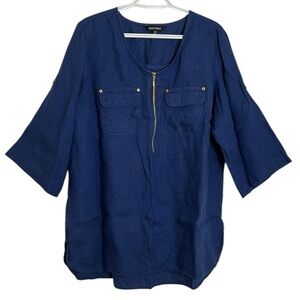 Ellen Tracy Size 1X Navy Blue 100% Linen Roll Tab Sleeve Top